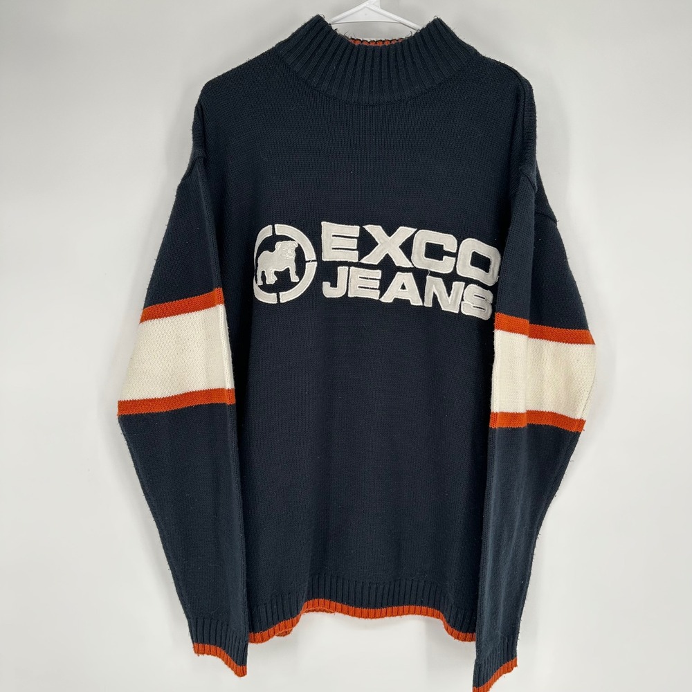 Vintage Y2K‎ Exco Jeans Navy Blue Orange Bulldog Mock Neck Knit Sweater Mens L